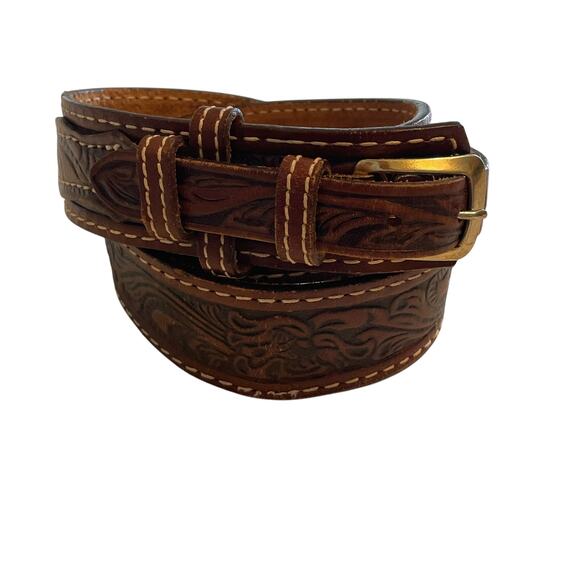 Nocona Brown Tooled Leather Belt Mens Size 30 Western Leaf Design - Picture 5 of 9